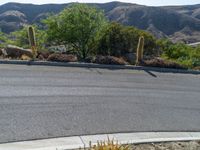 the view across a deserted road at a mountain with cactuss and rocks in it