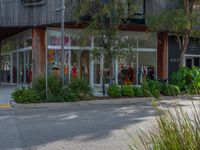 a person is riding a bike past some shops that are closed out and trees have grown in front of the shops