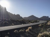 the road goes through a deserted rocky plain into a desert landscape with a mountain in the background