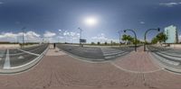 three different photos of a deserted street with a sunny sky above them and a red brick street