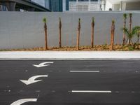 two white arrows on the road with the city skyline behind it in miami, florida