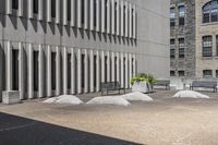 some benches sit on top of concrete pillars by a building that has windows, and plants in them