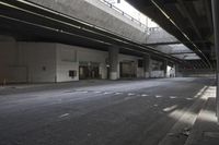 the streets under a bridge and sidewalk of an area with no cars, street lamps and a fire hydrant