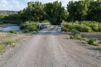 a dirt road with a wooden bridge next to the water and trees in the distance