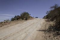 dirt road through the desert with brush and trees in background along side of hill with dirt, vegetation and sky