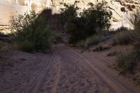 a dirt road runs through the middle of a desert landscape with an old rock wall