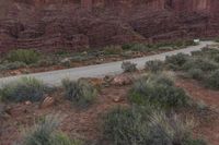 a view of the road in the desert from a distance with vegetation and rocks below