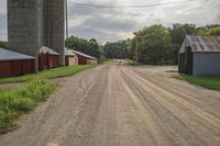 the view down the dirt road in front of two silos of hay, two cows, one dog