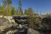 small bridge with many rocks and trees in the background area as well as blue sky