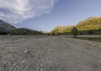 a dirt field with trees and rocks near a body of water and mountains in the distance