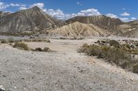 a dirt road leading through the desert with mountains behind it, and rocks on either side