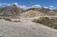 a dirt road leading through the desert with mountains behind it, and rocks on either side