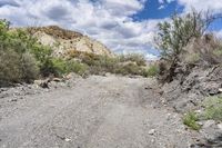 a dirt road with rocky and grassy hills in the back ground and trees in the front