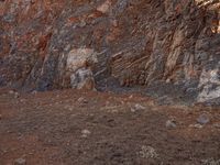 a zebra walking through an arid area in the wild, with rocks and rocks on one side