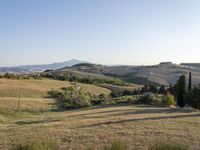 dirt road leading away from the camera, in a field near a farm area with hills