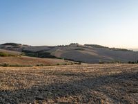 dirt road leading away from the camera, in a field near a farm area with hills