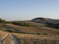 dirt road leading away from the camera, in a field near a farm area with hills