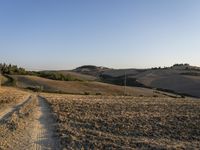 dirt road leading away from the camera, in a field near a farm area with hills