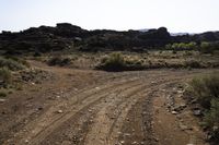 a dirt road with rocks on the sides in a rocky field of scrub and brush