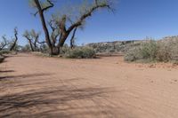 this is an image of a dirt road in the desert during the day with clouds