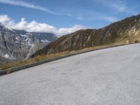 a dog standing in the road near a large mountainous area of land below the mountains