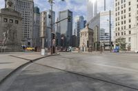 a street scene in the middle of downtown skyscrapers and city streets from an angle
