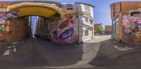 fisheye image with urban buildings in background with flowers on it in the front and a blue sky