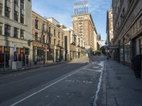 an empty street and buildings on both sides of the road are a few different stories