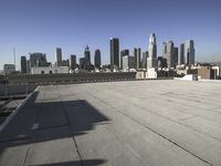 this is an empty building roof in front of a city skylinescape that is in the distance