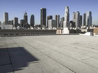 this is an empty building roof in front of a city skylinescape that is in the distance