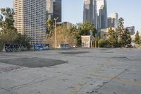 this empty lot is very dirty and not clear from any graffiti on the ground and the trees that are very tall are tall