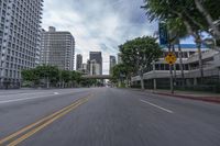 a street with a tall building and tall palm trees on either side of it with skyscrapers in the background