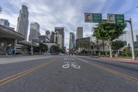 an empty street with multiple signs that say go ahead and bicycle path with buildings in the background