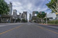 an empty street with multiple signs that say go ahead and bicycle path with buildings in the background