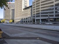 there is a fire hydrant next to the road with tall buildings in the background