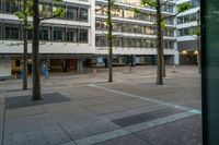 an empty area in a downtown area with buildings on either side and two trees on each of them