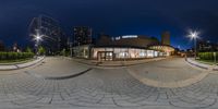 this spherical panorama of buildings in a city is captured by a fisheye lens for the top image