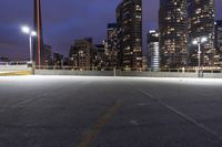 a paved walkway with light posts in the middle of the road and several tall buildings