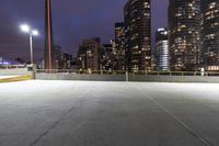 a paved walkway with light posts in the middle of the road and several tall buildings