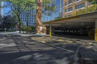 a car is in a parking lot with tall buildings near the curb in a city