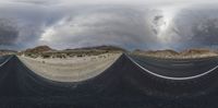 three different views of an intersection with a roadway in front and large clouds above the intersection