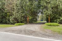 a driveway that has an orange gate on the end of it and surrounded by trees