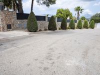 driveway with cars parked on it with trees and bushes on either side, with stone pillars