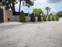 driveway with cars parked on it with trees and bushes on either side, with stone pillars