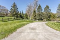 a paved driveway leading into a tree lined field with lots of green grass and trees