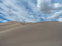 the sky above an empty plain with sand hills and clouds in it, a person walking through the open area