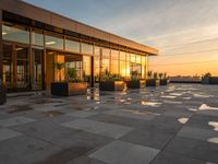 large brick tiles with potted plants on them at dusk in a building with sunset