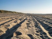 a sandy beach with a path and truck tracks in the sand, with many small vehicles on the side of it