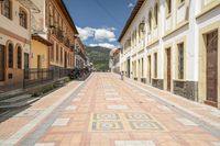 an empty street lined with buildings and stone pavements and green mountains in the distance