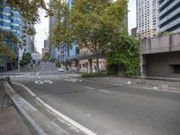 a empty empty street is lined with trees and buildings that have fallen over the side